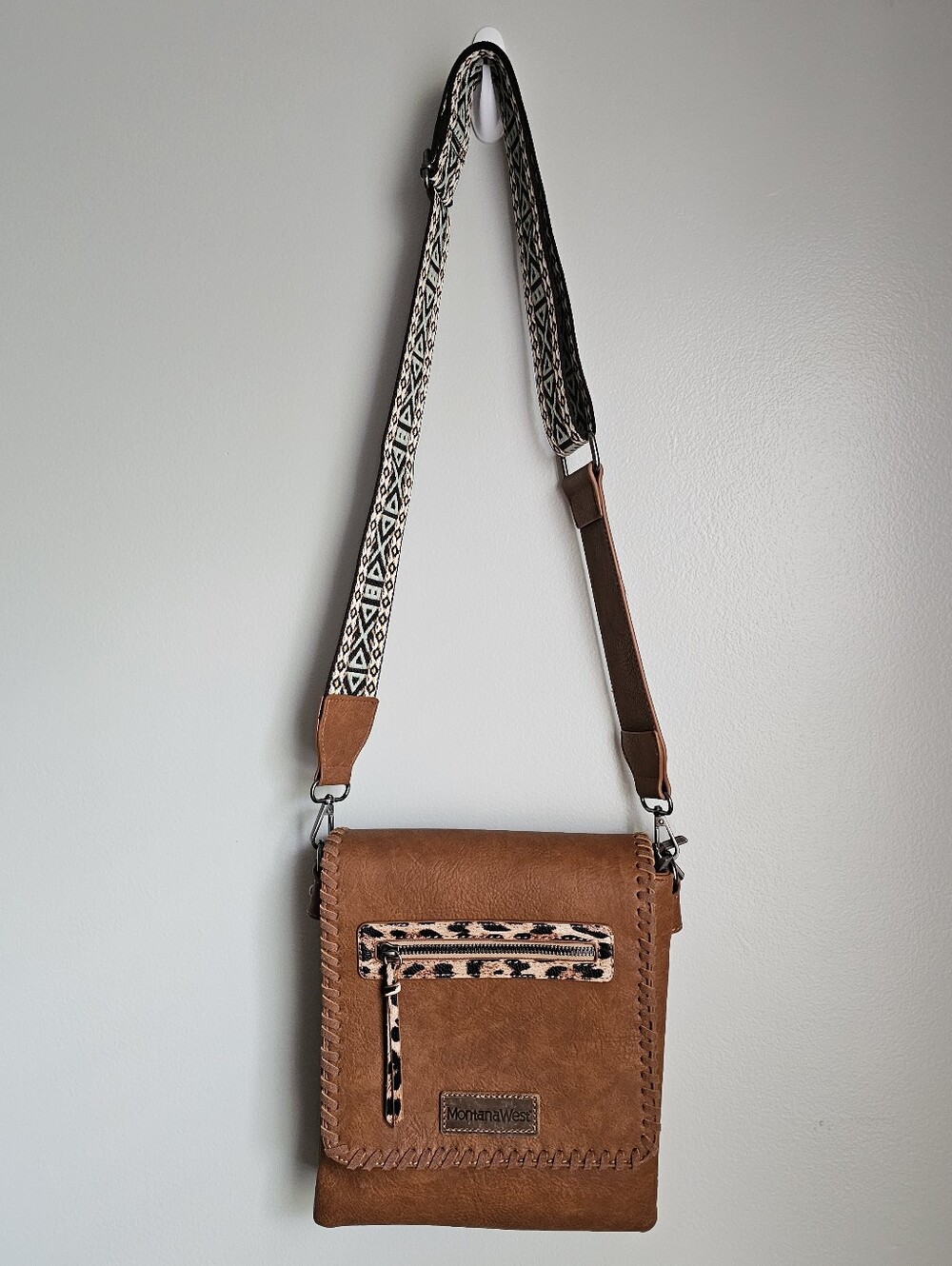 Montana West Brown Crossbody Bag with Geometric Pattern Strap